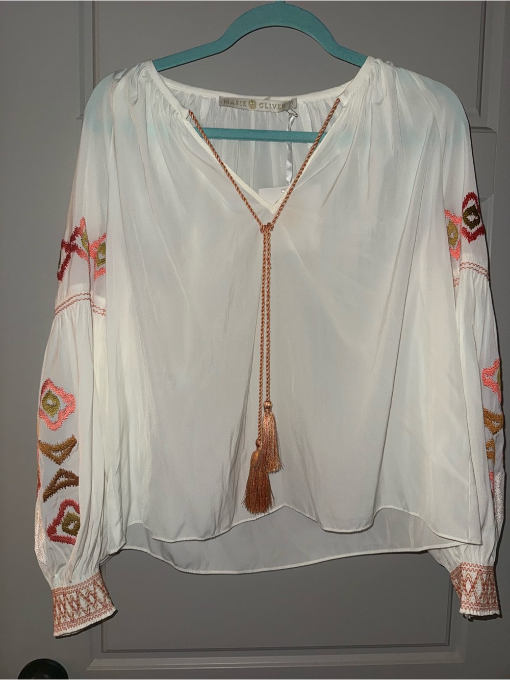 NWT[$268] Marie Oliver Boho Embroidered White Peasant Blouse with Tassel Tie - Picture 2 of 8